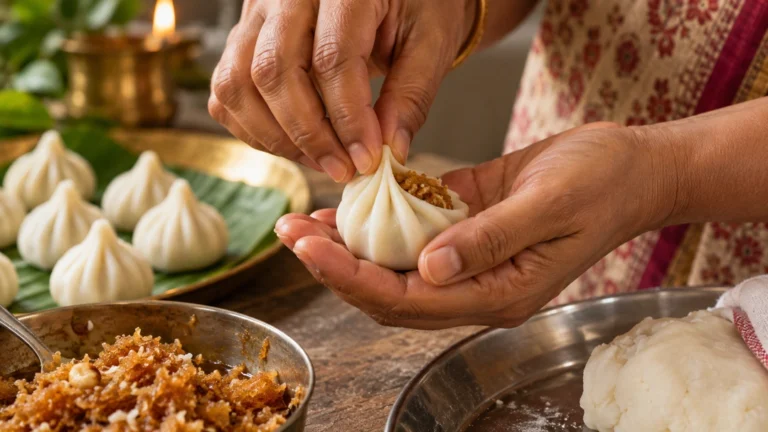 Modak vs Kozhukattai: 3 Real Differences, Not Fried Hands pleating traditional ukadiche modak dough in the classic Maharashtrian style