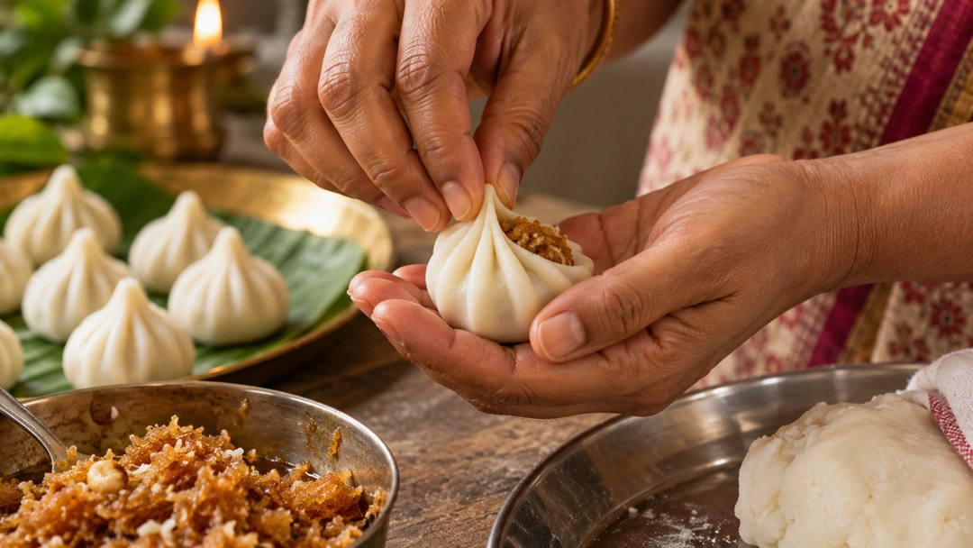 Hands pleating traditional ukadiche modak dough in the classic Maharashtrian style