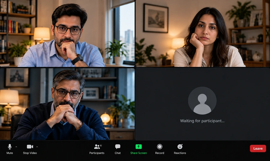 Employees waiting silently for a senior colleague to join a hybrid work video call