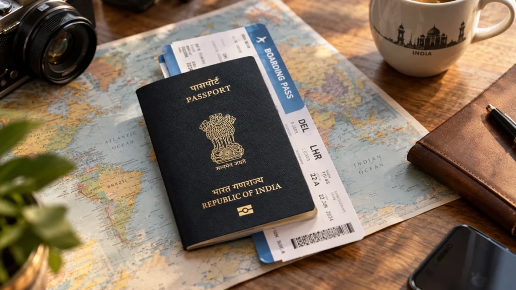 Indian passport on a table representing visa-free countries India travelers can visit