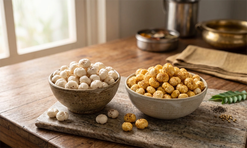 Raw and roasted makhana or fox nuts in an Indian kitchen