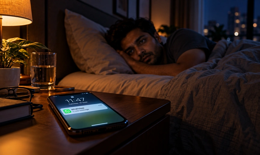 A late night WhatsApp work notification, a common source of hybrid work stress in India