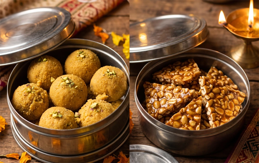 Besan laddoo and chikki stored in an airtight tin, among the sweets that keep longest