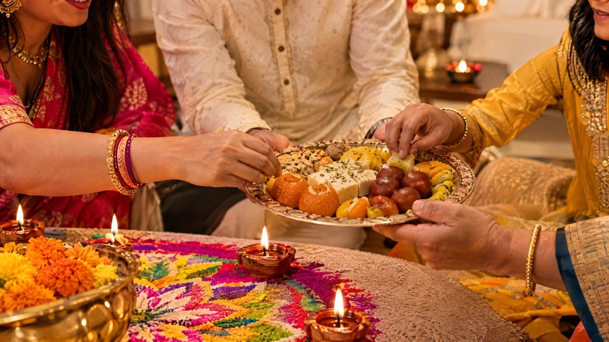 A family sharing a Diwali mithai platter prepared with a make ahead plan