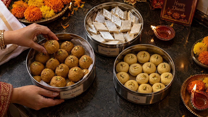 Labelled containers of make ahead Diwali sweets arranged by how many days each will keep