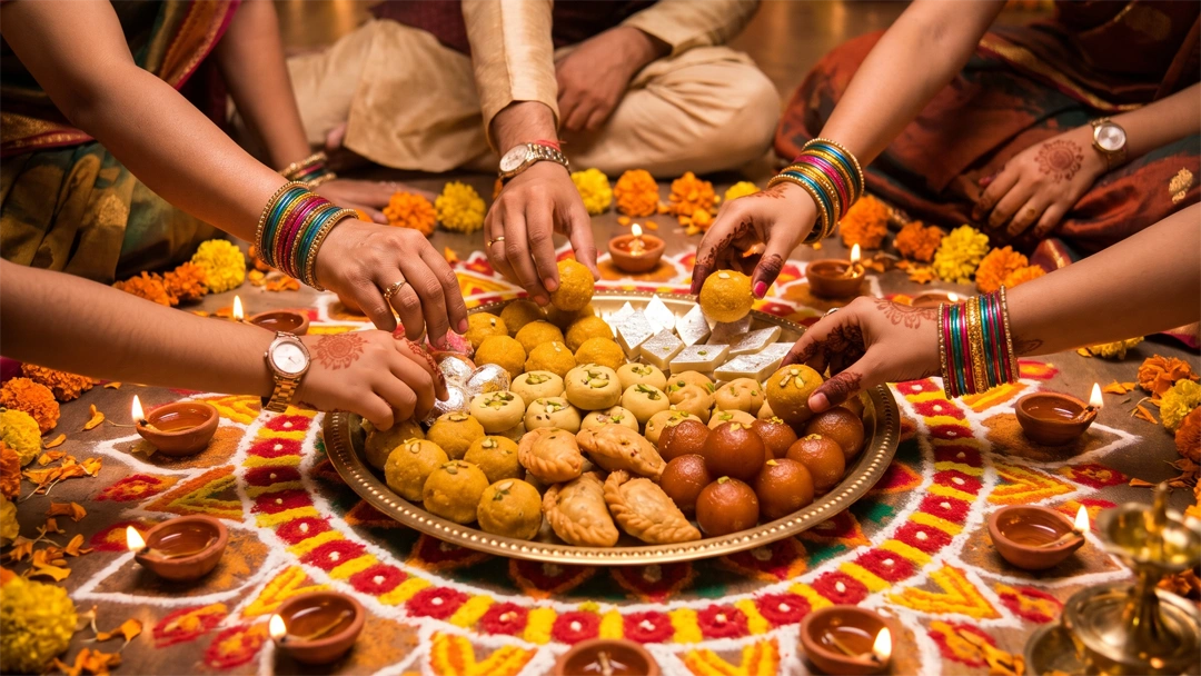 A family sharing a Diwali mithai platter prepared with a make ahead plan